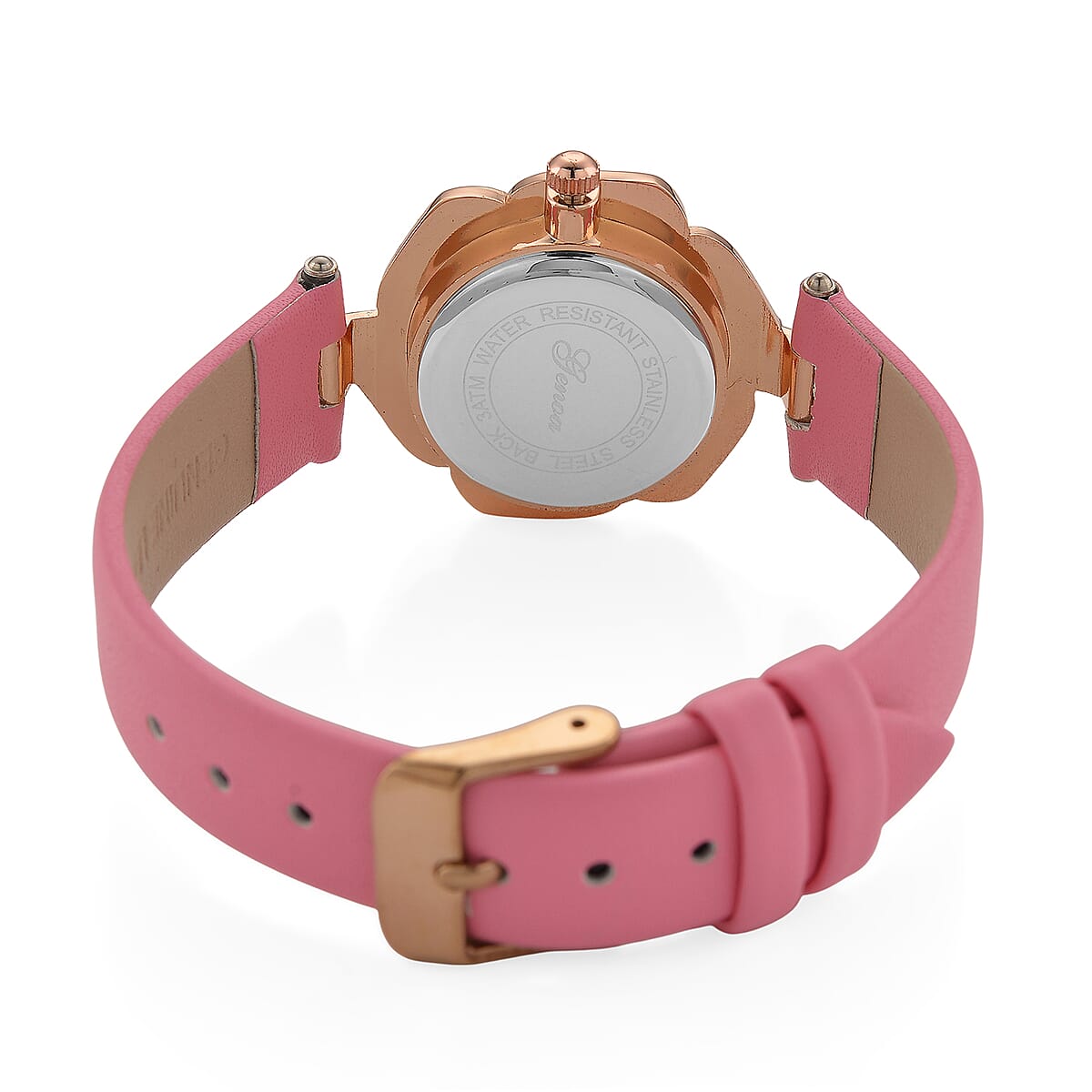 Genoa Pink Mother of Pearl and Austrian Crystal Miyota Japanese Movement Floral Watch with Pink Leather Strap image number 5