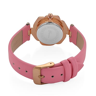 Genoa Pink Mother of Pearl and Austrian Crystal Miyota Japanese Movement Floral Watch with Pink Leather Strap
