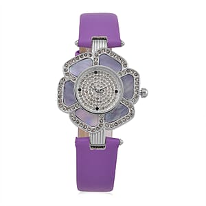 Genoa Purple Mother of Pearl and Austrian Crystal Miyota Japanese Movement Floral Watch with Purple Leather Strap