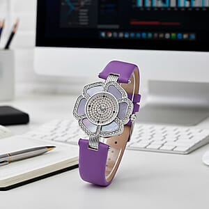 Genoa Purple Mother of Pearl and Austrian Crystal Miyota Japanese Movement Floral Watch with Purple Leather Strap