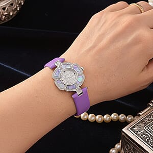 Genoa Purple Mother of Pearl and Austrian Crystal Miyota Japanese Movement Floral Watch with Purple Leather Strap