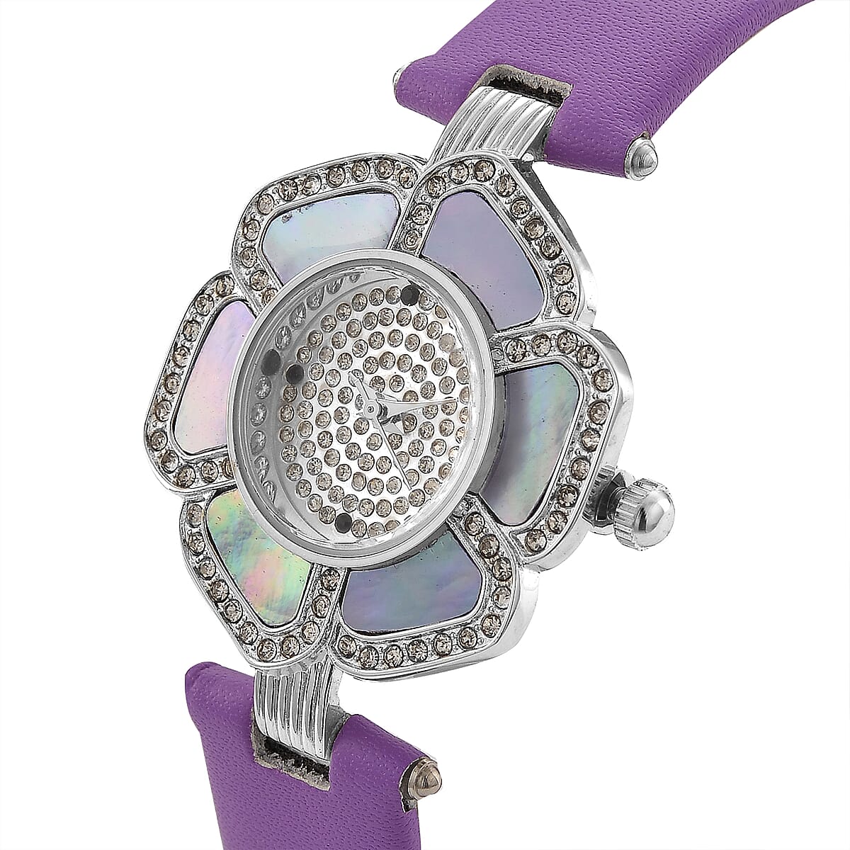 Genoa Purple Mother of Pearl and Austrian Crystal Miyota Japanese Movement Floral Watch with Purple Leather Strap image number 3