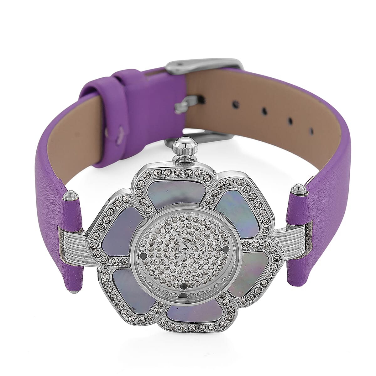 Genoa Purple Mother of Pearl and Austrian Crystal Miyota Japanese Movement Floral Watch with Purple Leather Strap image number 4