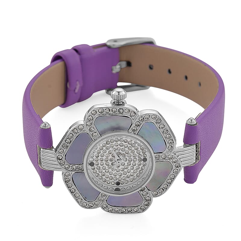 Genoa Purple Mother of Pearl and Austrian Crystal Miyota Japanese Movement Floral Watch with Purple Leather Strap