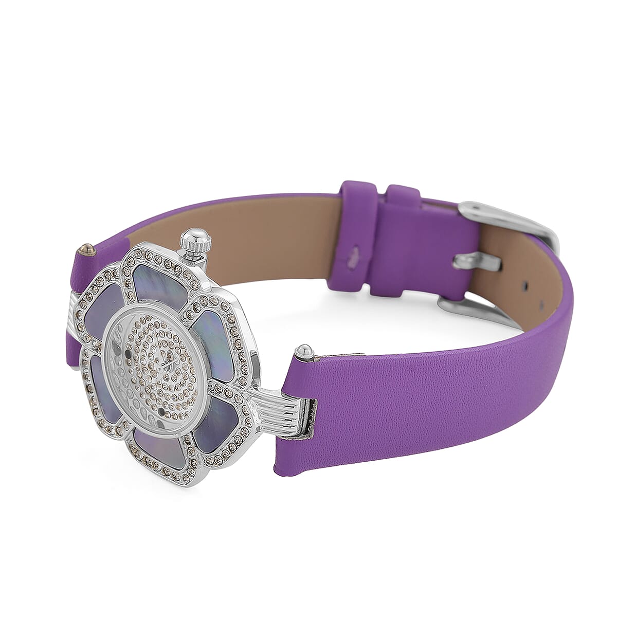Genoa Purple Mother of Pearl and Austrian Crystal Miyota Japanese Movement Floral Watch with Purple Leather Strap image number 5