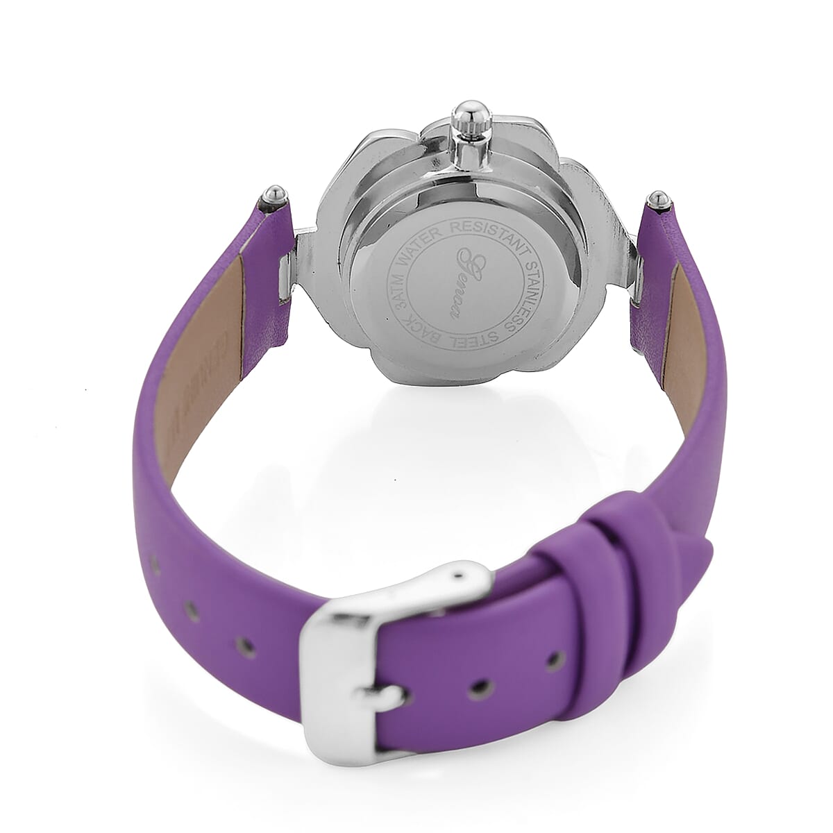 Genoa Purple Mother of Pearl and Austrian Crystal Miyota Japanese Movement Floral Watch with Purple Leather Strap image number 6