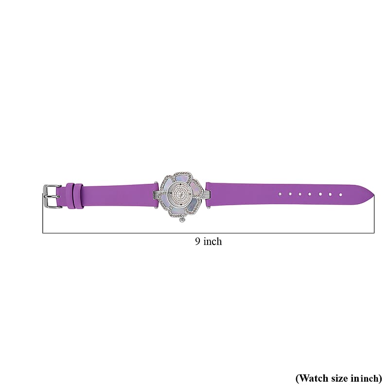 Genoa Purple Mother of Pearl and Austrian Crystal Miyota Japanese Movement Floral Watch with Purple Leather Strap