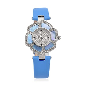 Genoa Blue Mother of Pearl and Austrian Crystal Miyota Japanese Movement Floral Watch with Blue Leather Strap