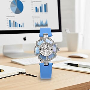 Genoa Blue Mother of Pearl and Austrian Crystal Miyota Japanese Movement Floral Watch with Blue Leather Strap