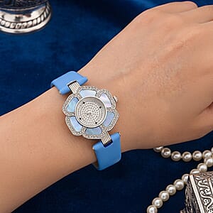 Genoa Blue Mother of Pearl and Austrian Crystal Miyota Japanese Movement Floral Watch with Blue Leather Strap
