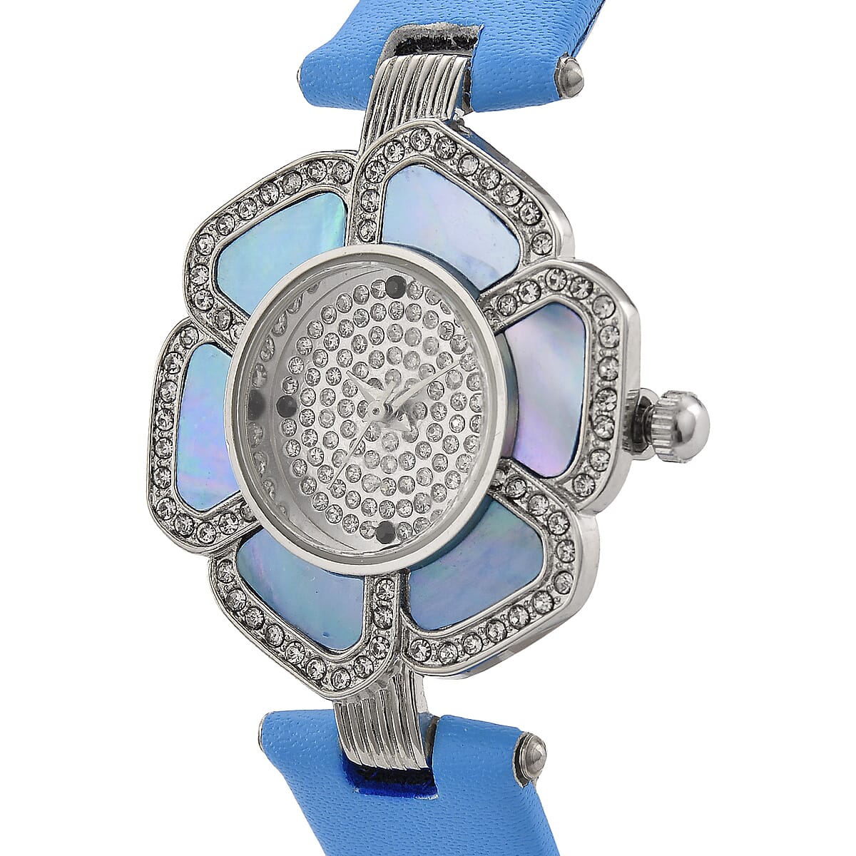 Genoa Blue Mother of Pearl and Austrian Crystal Miyota Japanese Movement Floral Watch with Blue Leather Strap image number 3