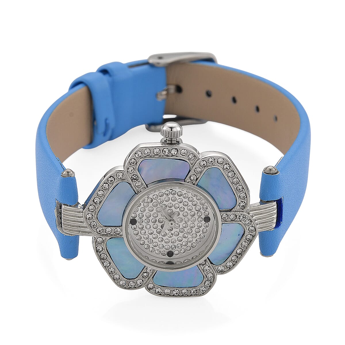 Genoa Blue Mother of Pearl and Austrian Crystal Miyota Japanese Movement Floral Watch with Blue Leather Strap image number 4
