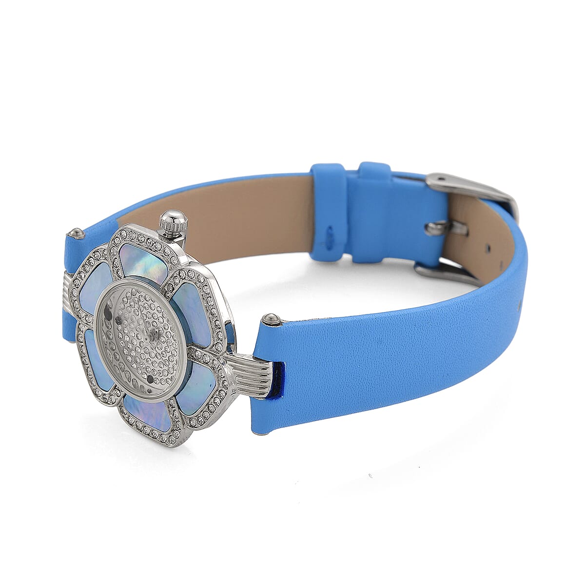 Genoa Blue Mother of Pearl and Austrian Crystal Miyota Japanese Movement Floral Watch with Blue Leather Strap image number 5