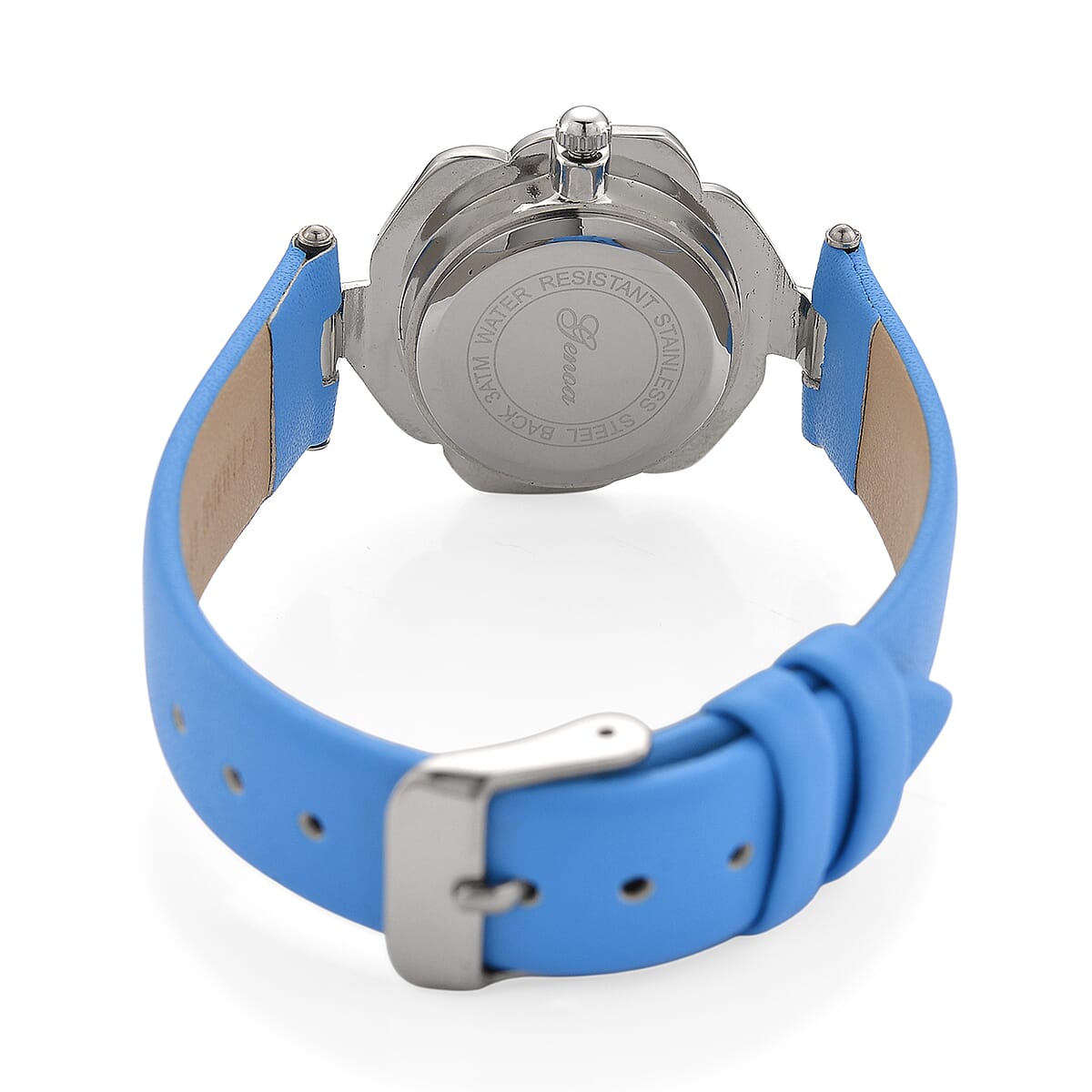 Genoa Blue Mother of Pearl and Austrian Crystal Miyota Japanese Movement Floral Watch with Blue Leather Strap image number 6