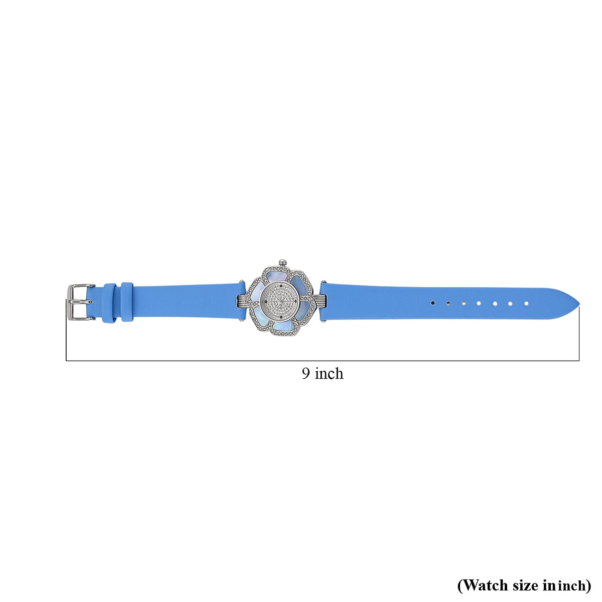 Genoa Blue Mother of Pearl and Austrian Crystal Miyota Japanese Movement Floral Watch with Blue Leather Strap image number 7