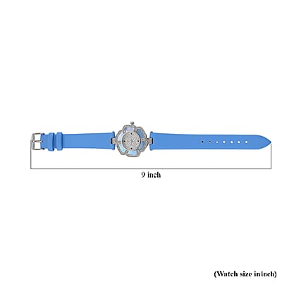 Genoa Blue Mother of Pearl and Austrian Crystal Miyota Japanese Movement Floral Watch with Blue Leather Strap