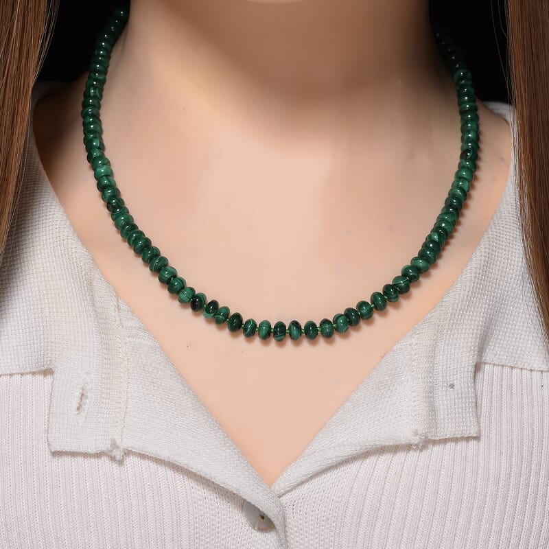 African Malachite 145.00 ctw Roundel Necklace in Goldtone 18-20 Inches