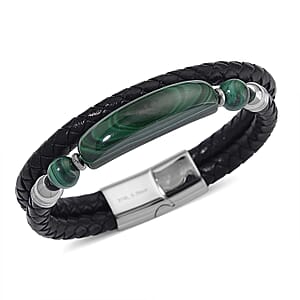 African Malachite 77.00 ctw Bar Bracelet in Stainless Steel and Leather Cord (7.50 In)
