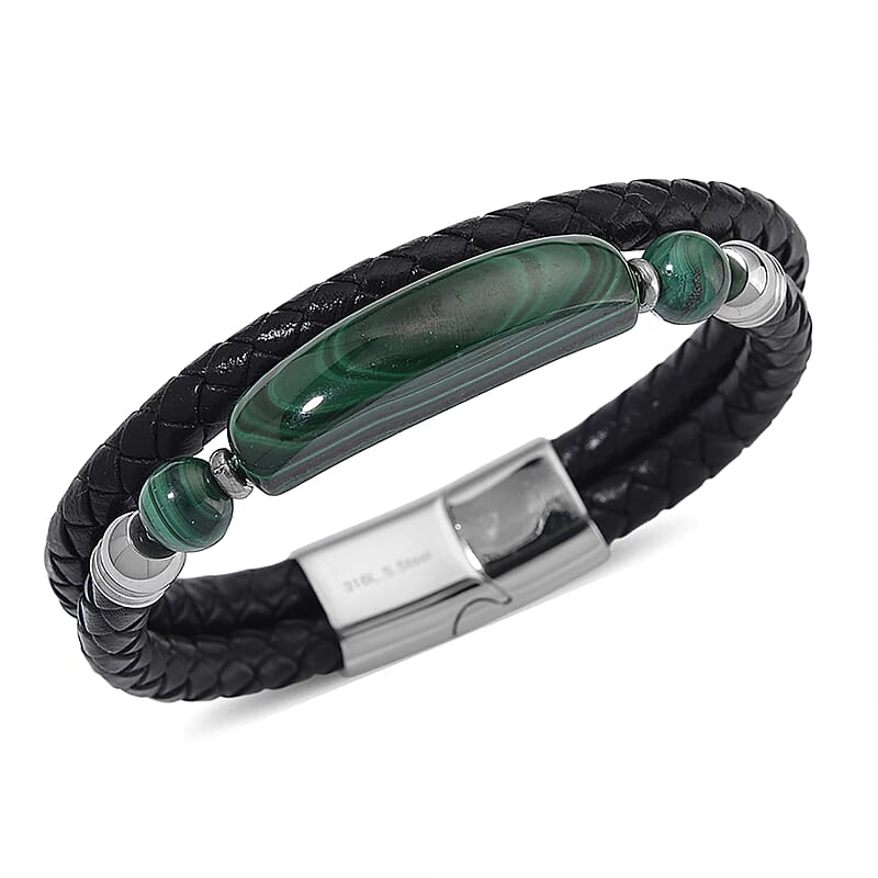 African Malachite 77.00 ctw Bar Bracelet in Stainless Steel and Leather Cord (7.50 In)