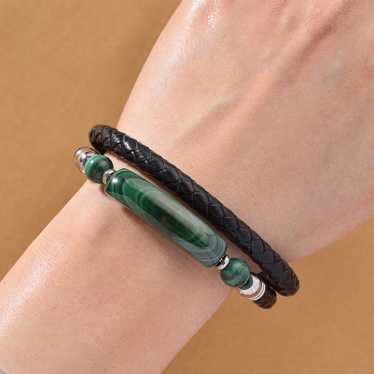 African Malachite 77.00 ctw Bar Bracelet in Stainless Steel and Leather Cord (7.50 In) image number 1