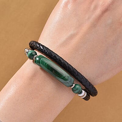 African Malachite 77.00 ctw Bar Bracelet in Stainless Steel and Leather Cord (7.50 In)