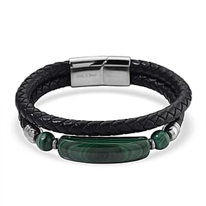 African Malachite 77.00 ctw Bar Bracelet in Stainless Steel and Leather Cord (7.50 In)