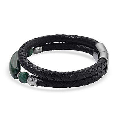 African Malachite 77.00 ctw Bar Bracelet in Stainless Steel and Leather Cord (7.50 In)
