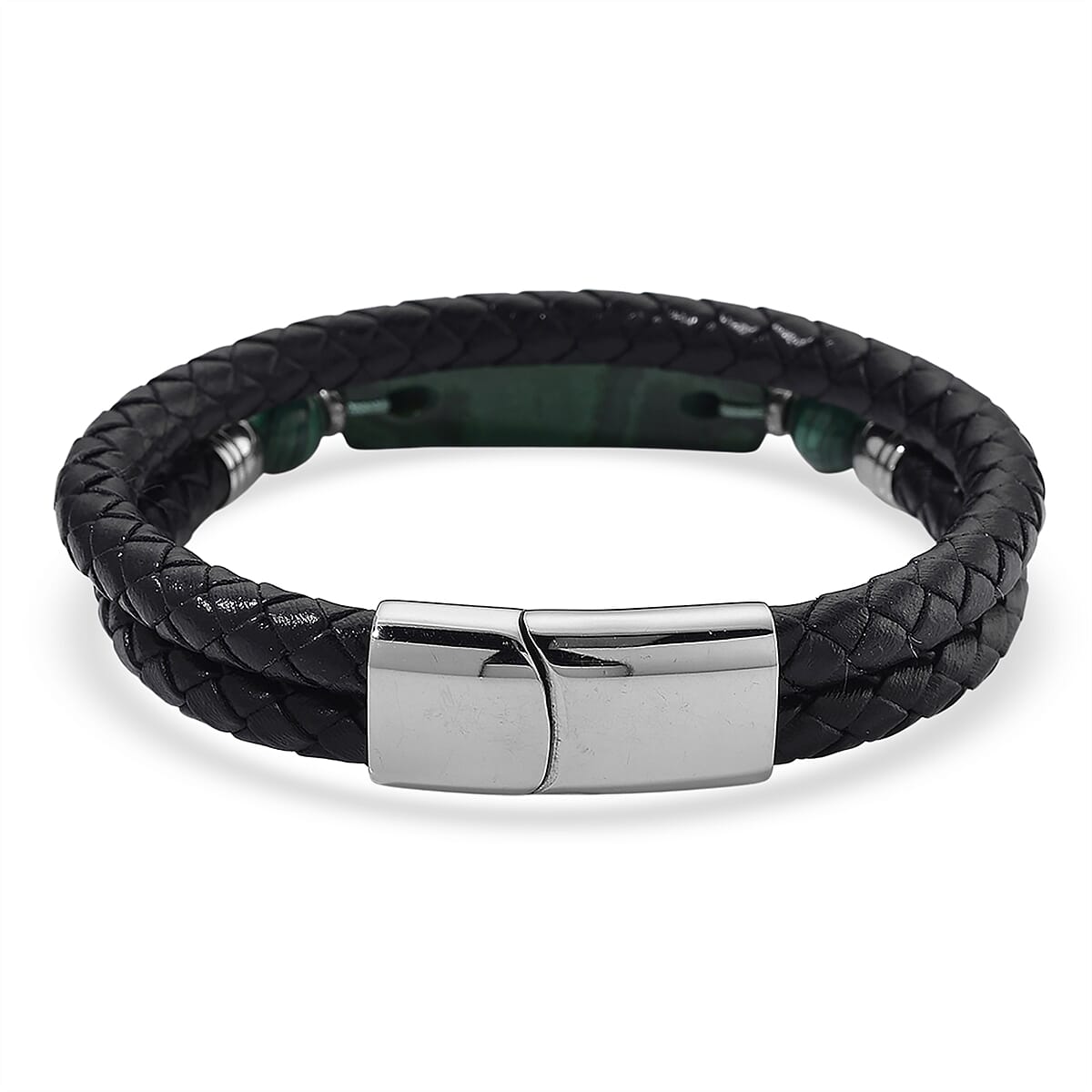 African Malachite 77.00 ctw Bar Bracelet in Stainless Steel and Leather Cord (7.50 In) image number 4