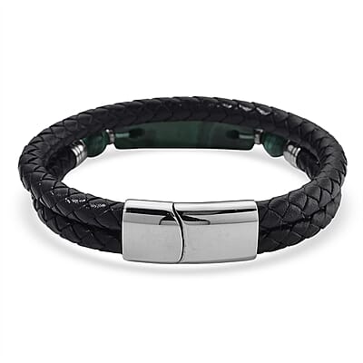 African Malachite 77.00 ctw Bar Bracelet in Stainless Steel and Leather Cord (7.50 In)