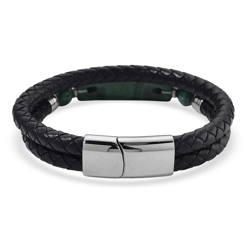 African Malachite 77.00 ctw Bar Bracelet in Stainless Steel and Leather Cord (7.50 In)