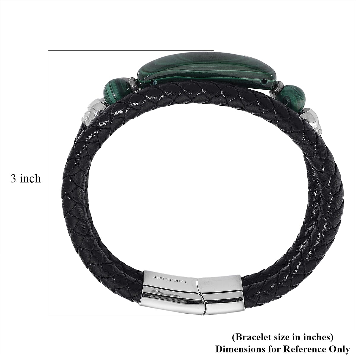 African Malachite 77.00 ctw Bar Bracelet in Stainless Steel and Leather Cord (7.50 In) image number 5