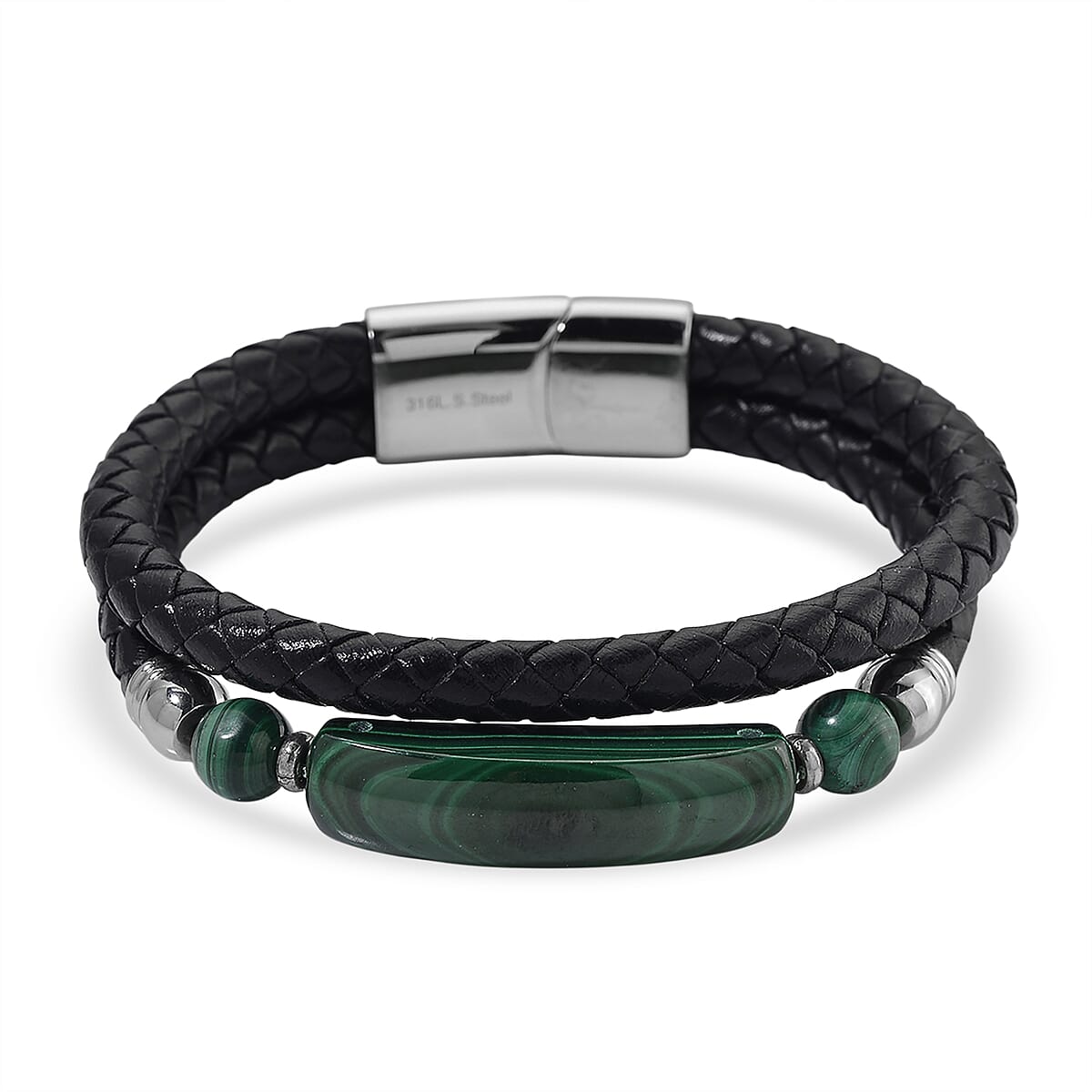African Malachite 77.00 ctw Bar Bracelet in Stainless Steel and Leather Cord (8.00 In) image number 2