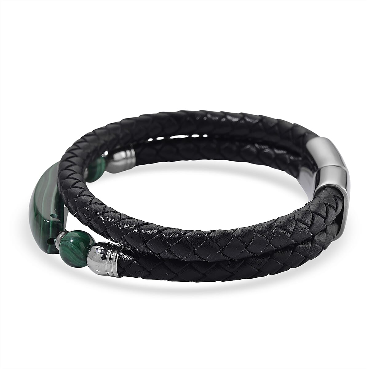 African Malachite 77.00 ctw Bar Bracelet in Stainless Steel and Leather Cord (8.00 In) image number 3