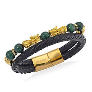 African Malachite 68.50 ctw Beaded and Leather Cord Bracelet in Goldtone (7.50 In)