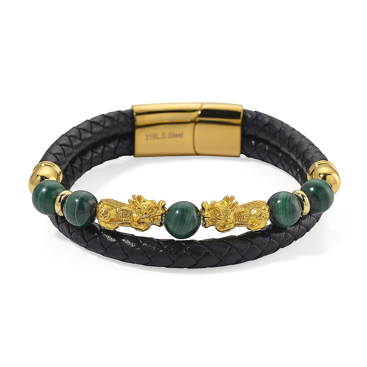 African Malachite 68.50 ctw Beaded and Leather Cord Bracelet in Goldtone (7.50 In) image number 2