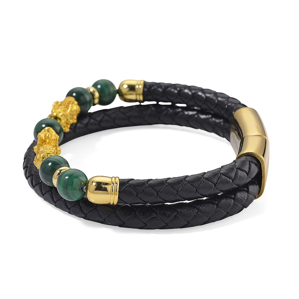 African Malachite 68.50 ctw Beaded and Leather Cord Bracelet in Goldtone (7.50 In) image number 3
