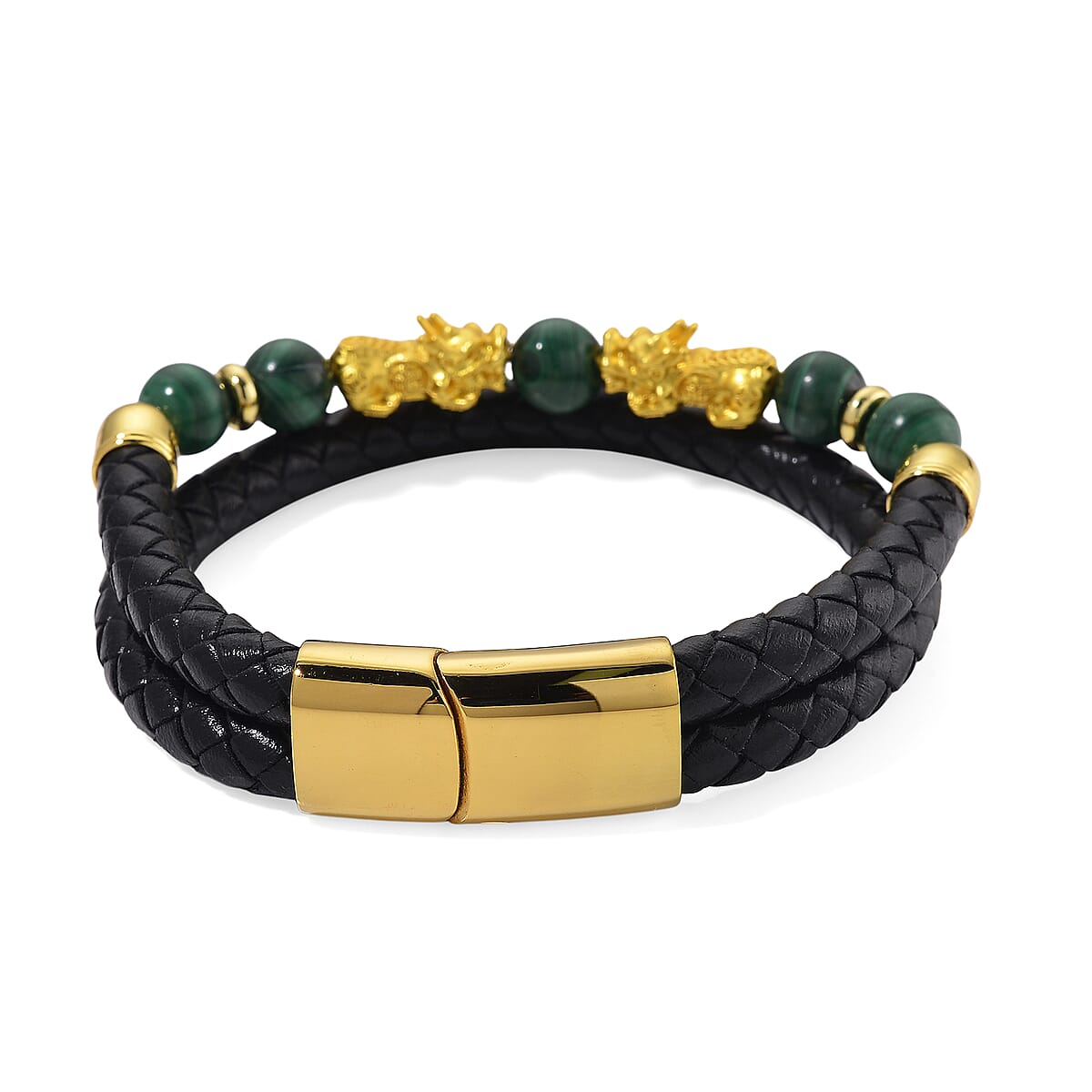 African Malachite 68.50 ctw Beaded and Leather Cord Bracelet in Goldtone (7.50 In) image number 4