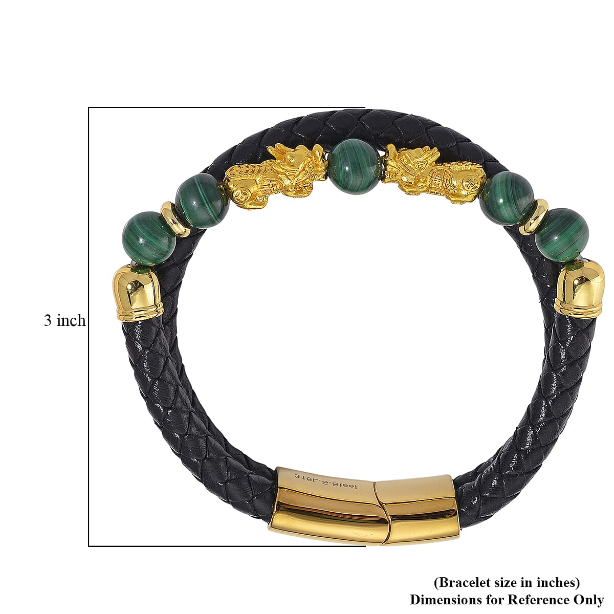 African Malachite 68.50 ctw Beaded and Leather Cord Bracelet in Goldtone (7.50 In) image number 5