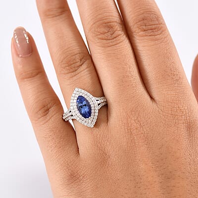 D'Joy Premium Tanzanite and Moissanite 2.50 ctw Nebula Helix Ring in Rhodium Over Sterling Silver (Size 10.0)