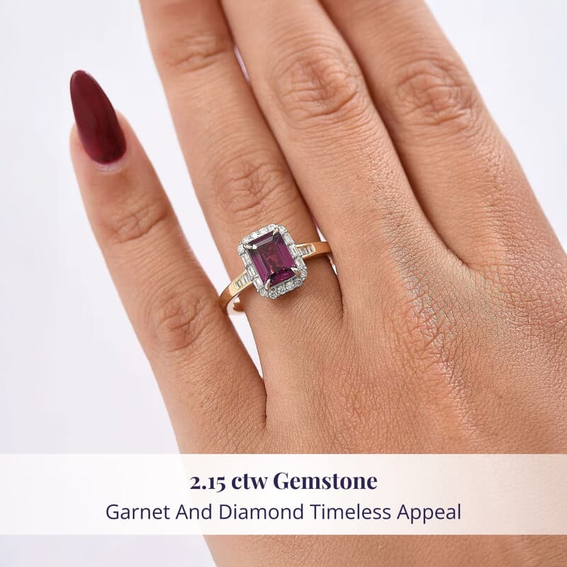 Certified & Appraised Luxoro AAA Radiant Ember Garnet and I2 Diamond 2.15 ctw Ring in 10K Yellow Gold (Size 5.0)