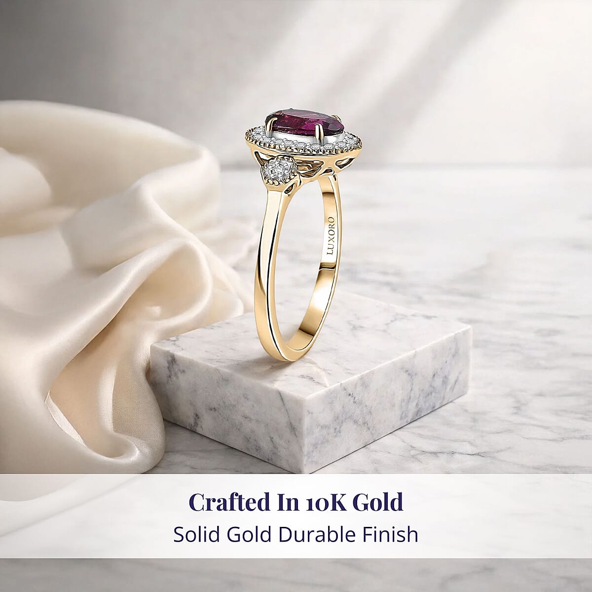 Luxoro 10K Yellow Gold AAA Radiant Ember Garnet, Diamond (G-H, I2) (0.29 cts) Ring (Size 5.5) 1.67 ctw image number 2