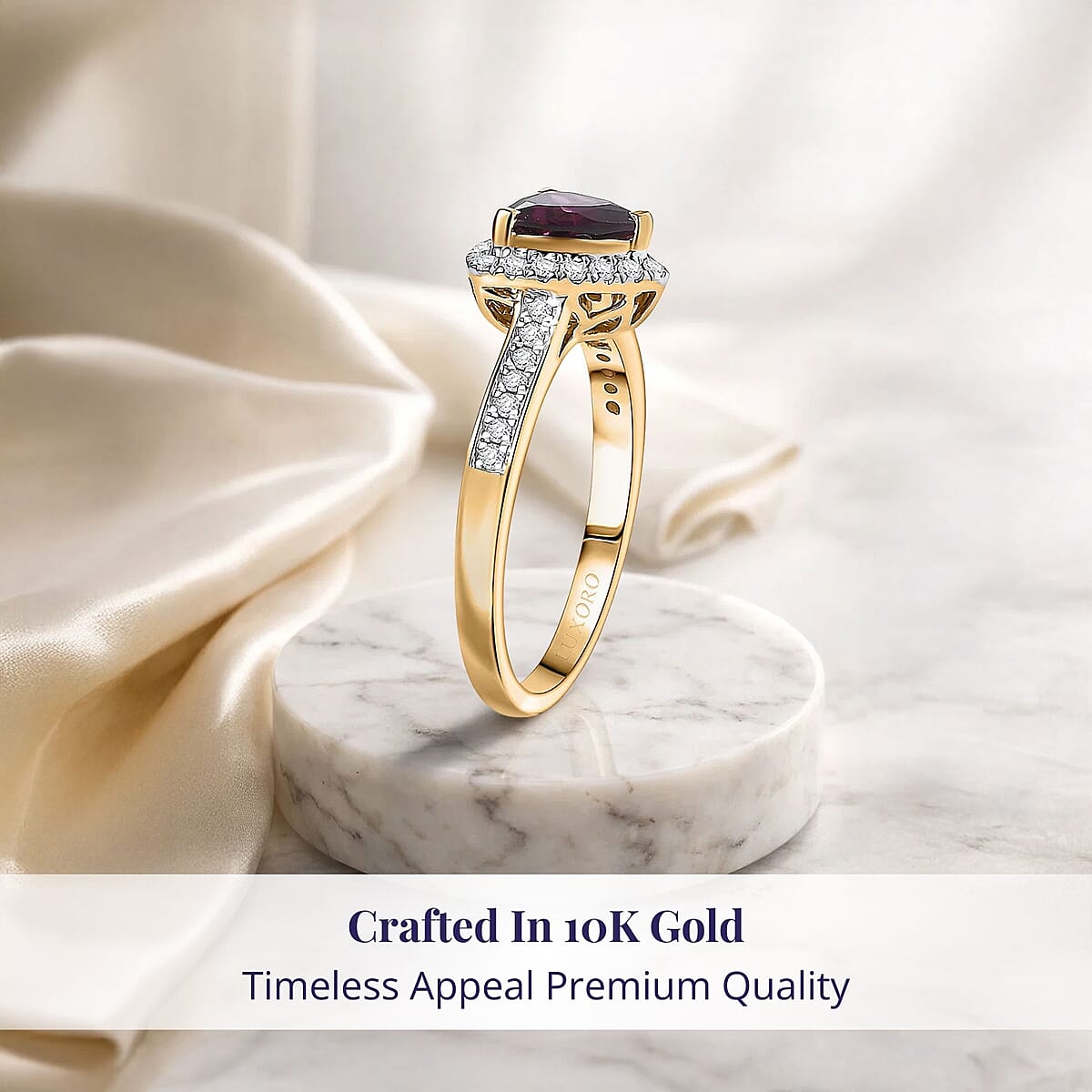 Certified & Appraised Luxoro AAA Radiant Ember Garnet and G-H I2 Diamond 1.65 ctw Ring in 10K Yellow Gold (Size 8.5) image number 2