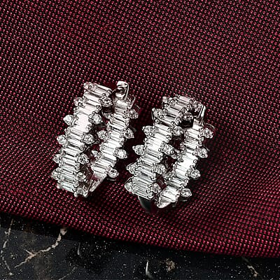 D’Joy White Zircon 3.45 ctw Sunburst Hoop Earrings in Rhodium Over Sterling Silver 