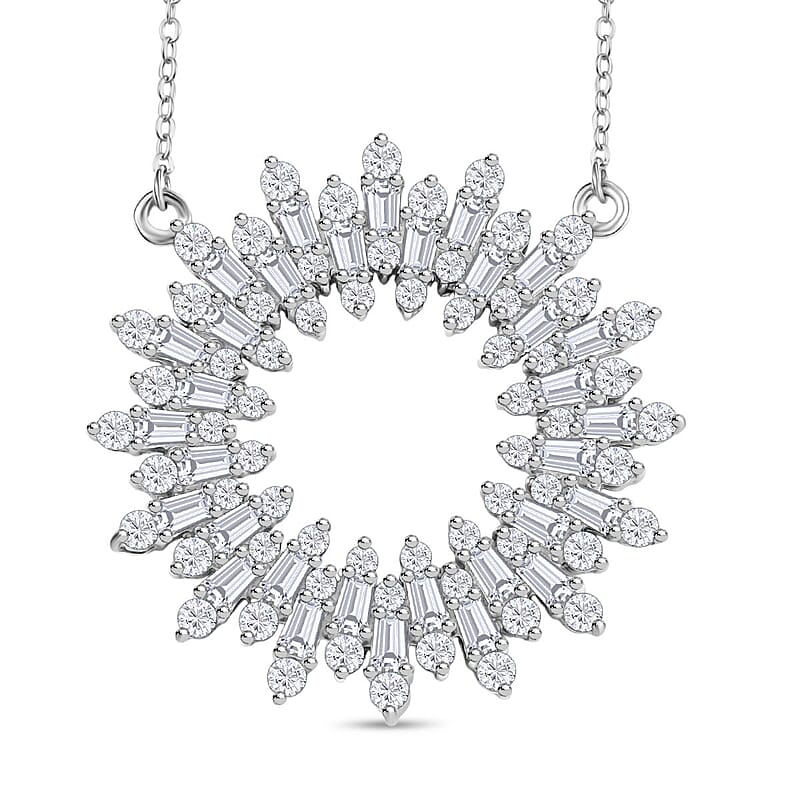 D'Joy White Zircon 5.30 ctw Sunburst Necklace in Rhodium Over Sterling Silver 18 Inches