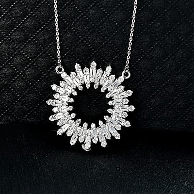 D'Joy White Zircon 5.30 ctw Sunburst Necklace in Rhodium Over Sterling Silver 18 Inches