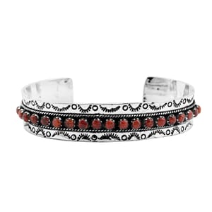Santa Fe Style Red Coral 57.00 ctw Cuff Bracelet in Sterling Silver (Adjustable)
