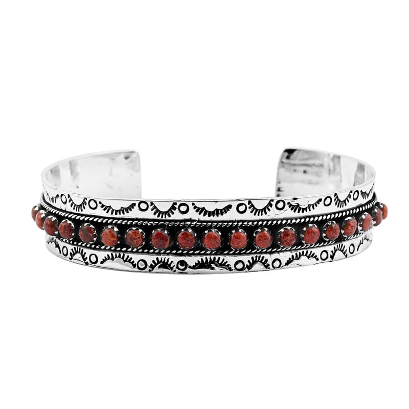 Santa Fe Style Red Coral 57.00 ctw Cuff Bracelet in Sterling Silver (Adjustable)
