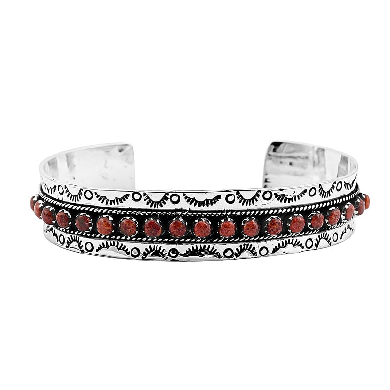 Santa Fe Style Red Coral 57.00 ctw Cuff Bracelet in Sterling Silver (Adjustable)
