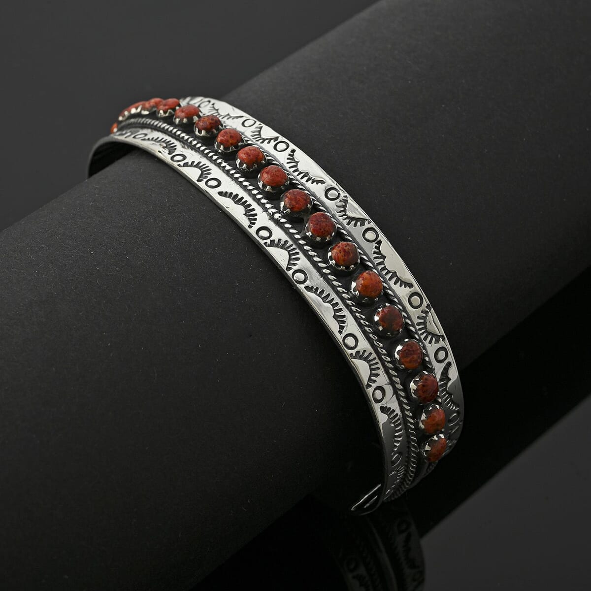 Santa Fe Style Red Coral 57.00 ctw Cuff Bracelet in Sterling Silver (Adjustable) image number 1