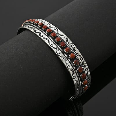 Santa Fe Style Red Coral 57.00 ctw Cuff Bracelet in Sterling Silver (Adjustable)
